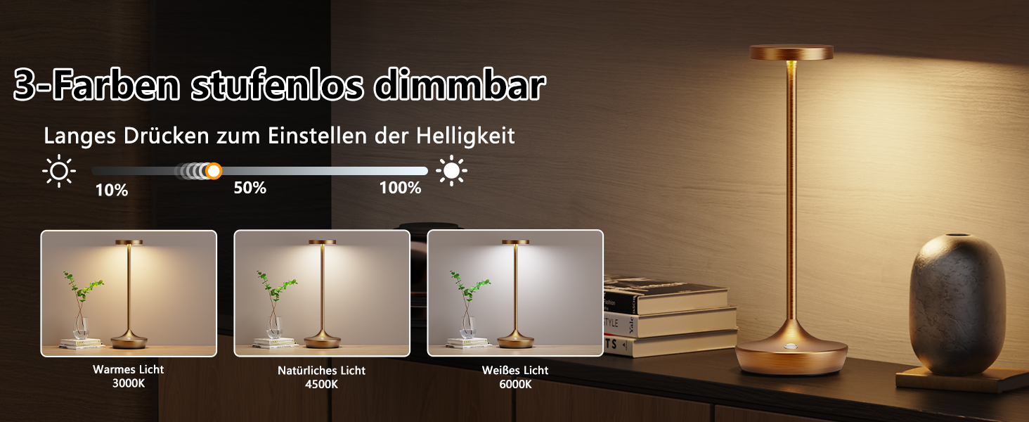 LED настільна лампа бездротова з димуванням, 3 кольори, 6000 mAh, IP54, для дому та кемпінгу (2 шт.)