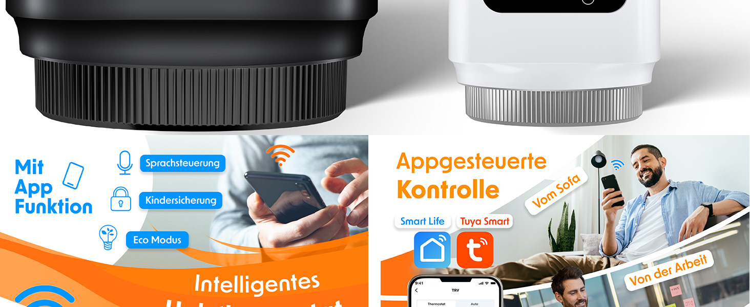 KESSER® WiFi термостат на радіатор опалення з керуванням через додаток Smart Home | Комплект 2 шт, білий. Сумісний з Alexa та Google Assistant. Економія енергії!