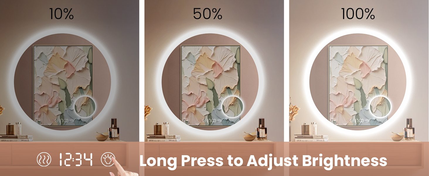 Дзеркало для ванної кімнати Habison з підсвічуванням 70x70 см, LED, з годинником та сенсорним вимикачем, регулювання яскравості, тепле/холодне/нейтральне світло, антизапотівання, 3-кратне збільшення