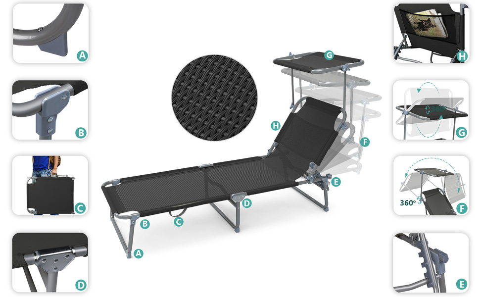 Розкішні лежаки для відпочинку Vounot (2 шт.): регульована спинка, захист від сонця, для саду, басейну, тераси (чорний)