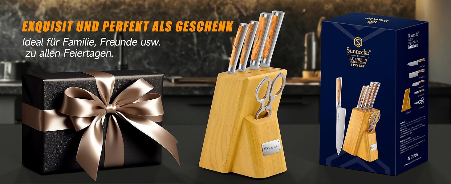 Набір ножів Sunnecko 6 шт. з підставкою – кухонний набір ножів, кухонні ножі з ергономічними ручками, гострими лезами, підставка з нержавіючої сталі та акації