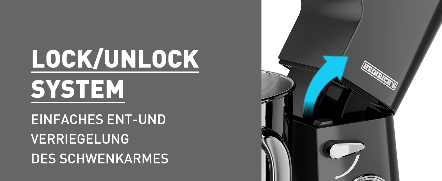 Кухонна машина Heinrichs 2500W з двома гаками для тіста, міксером та насадкою для збивання, 8 швидкостей, чаша 8л з нержавіючої сталі, тиха, з титановим покриттям