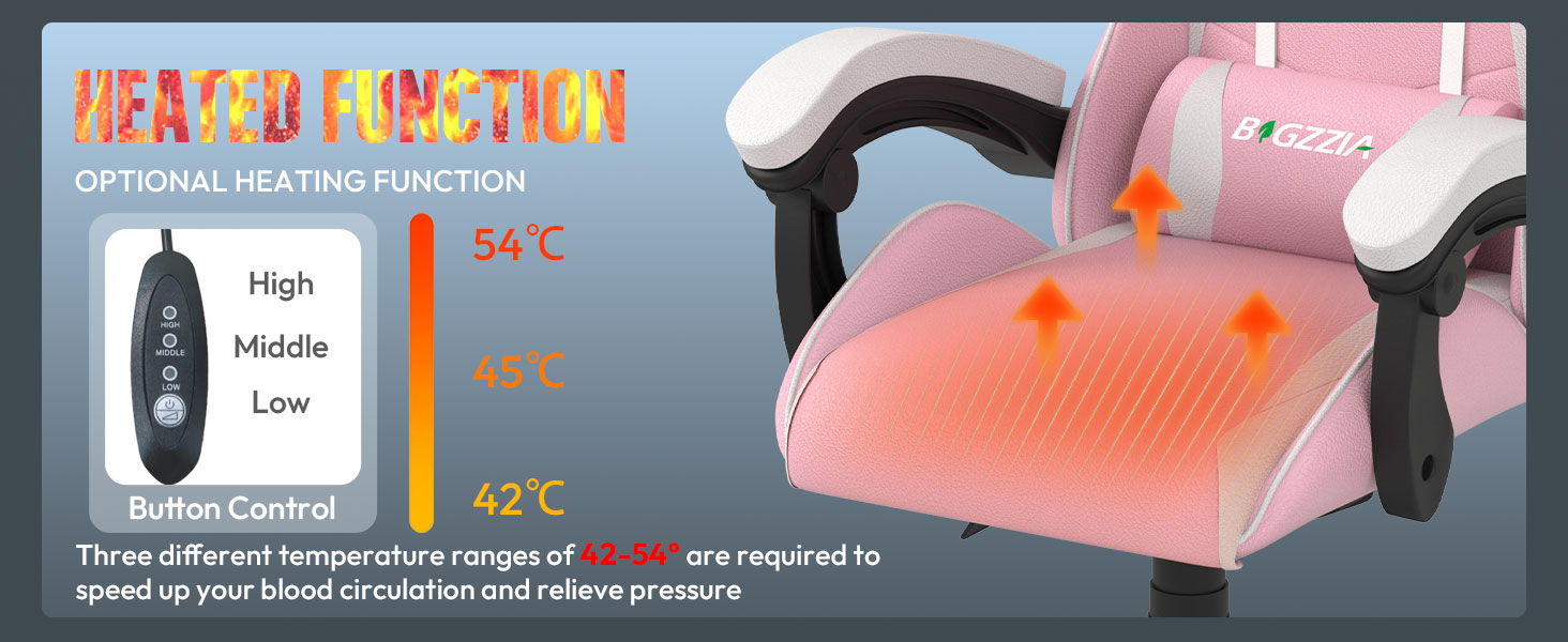 Ігровий крісло Bigzzia Ergonomic з підігрівом, рожево-білий, для геймерів, комп'ютерне, з підголівником та підлокітниками