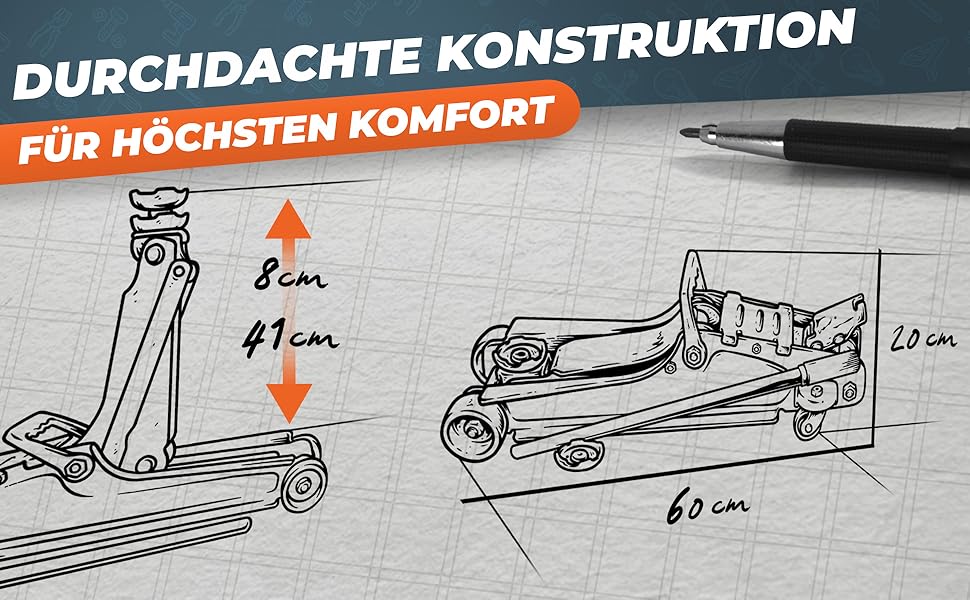 Гідравлічний домкрат HAMMERHART 3T з низьким профілем, 75-505мм, колеса 360°, подвійний поршень, гумові накладки, T-ручка - перевірена якість TÜV