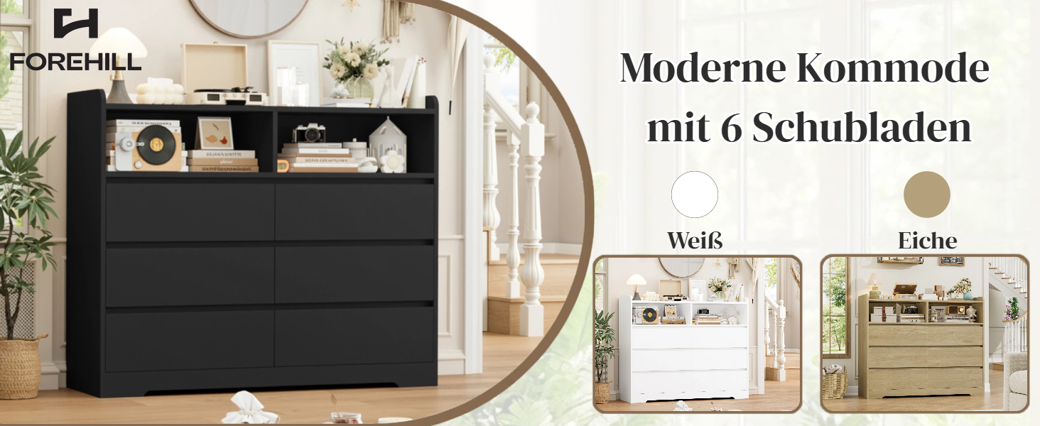 Комод FOREHILL з 6 висувними ящиками 120 см, тумба приліжкова для спальні, вітальні, коридору, 120x40x100 см, чорний