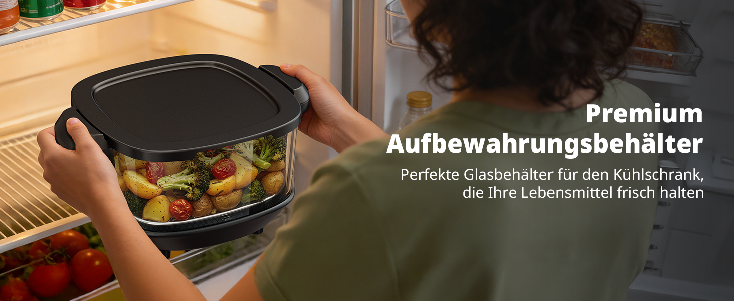 Фритюрниця повітряна AIRMSEN зі скляною чашею, 1500 Вт, 4.5L + 1.2L, 60–230 °C, 4 програми, знімна чаша, для мікрохвильовки та мийки посуду