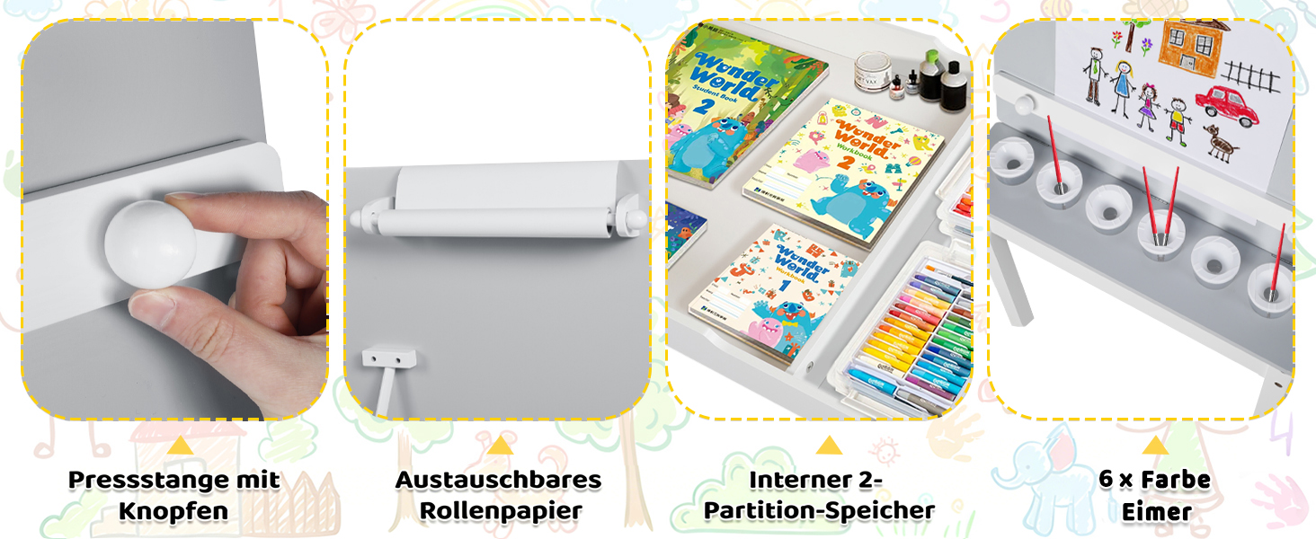 Дитячий стіл Kinder-Kunsttisch-Set з 2 стільцями: дерев'яний активний стіл для малюків з регульованою стільницею, відрами для фарб та 8 тканинними ящиками для зберігання (сірий/білий)