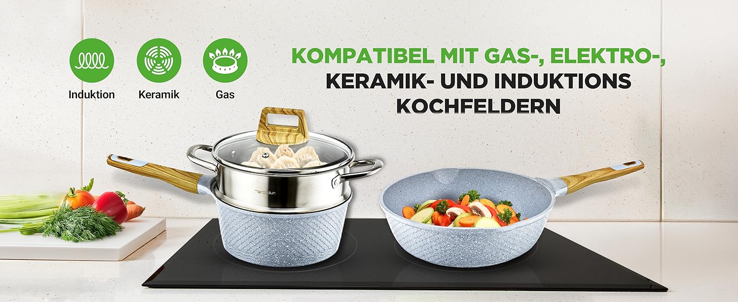 Набір посуду NutriChef 22 предмети антипригарний мармуровий блакитний – сковороди, каструлі, аксесуари для кухні, індукція