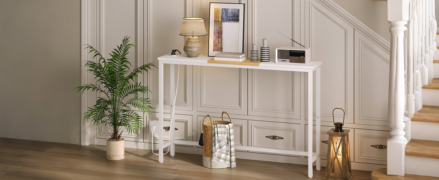Вузький консольний стіл HOOBRO з зарядною станцією (розетка та USB), стіл за диван у вітальню або передпокій, білий та натуральний колір, EWN114CXG01