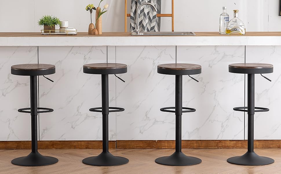 Барні стільці Kidol & Shellder 2 шт. Регульована висота, поворотні на 360°, кругла дерев'яна стільниця на металевому каркасі, чорний колір. Підходять для кухні, бару, вітальні.