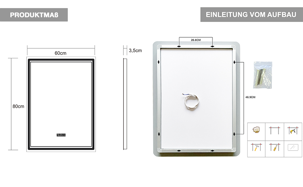 Дзеркало для ванної кімнати Puchika з підсвічуванням LED, 50x70 см, настінне, диммер, 3 кольори світла (3000-6400K), IP44, A+, сенсорне керування, антизапар