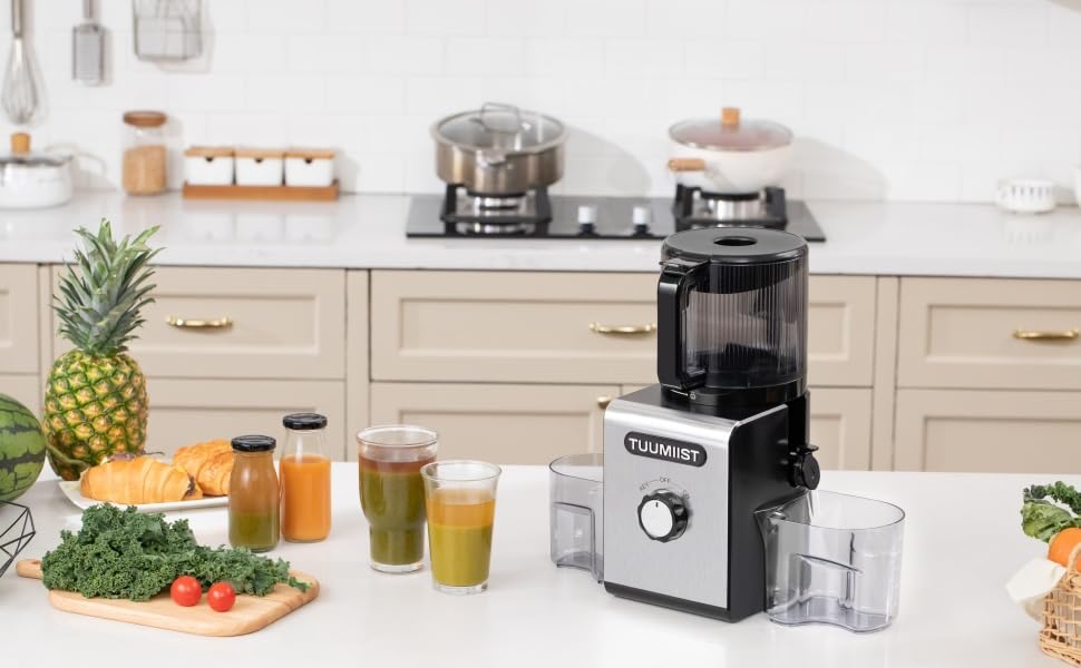 TUUMIIST Шнековий соковитискач XXL, 150 мм, 3 л, для сім'ї, 99% вижимка, BPA-free, REV Anti-Blockier System, чорний