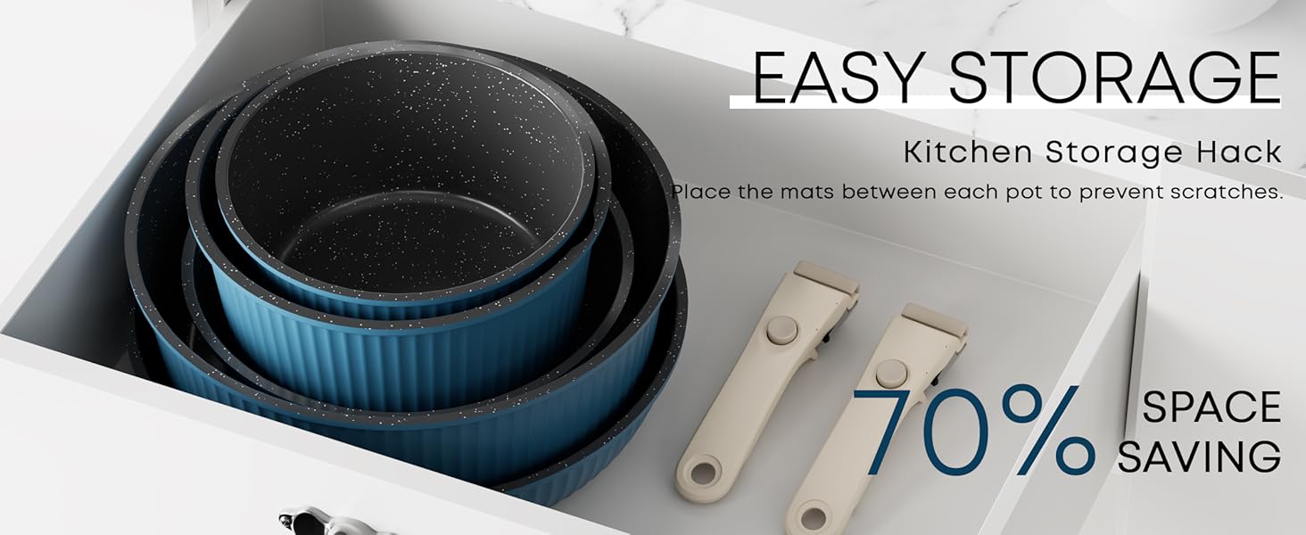 Набір каструль та сковорідок RIOVARM з індукційним дном та знімними ручками, з антипригарним покриттям (граніт), компактний, з силіконовими кришками, без PFOA