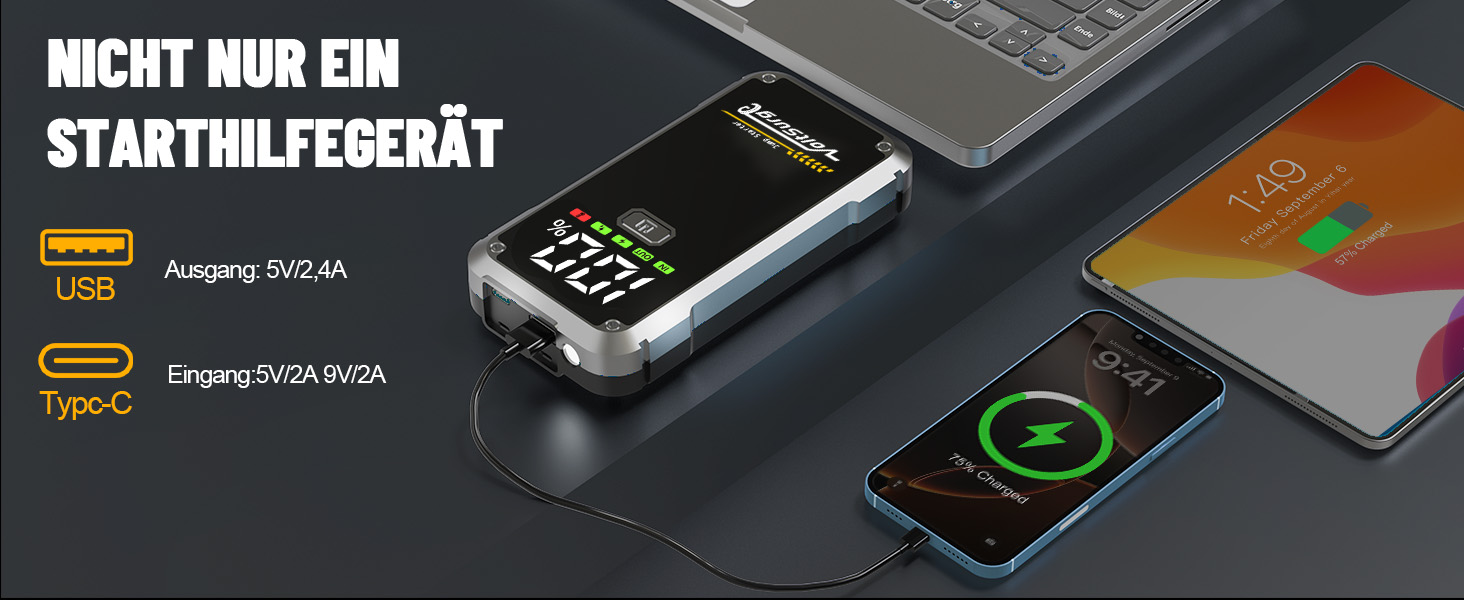 Powerbank Starthilfe VoltSurge 5000A: Зарядний пристрій для автомобіля, пусковий запуск, 5000A, 12V, для бензинових (7.0L) та дизельних (5.5L) двигунів, з LED-ліхтариком