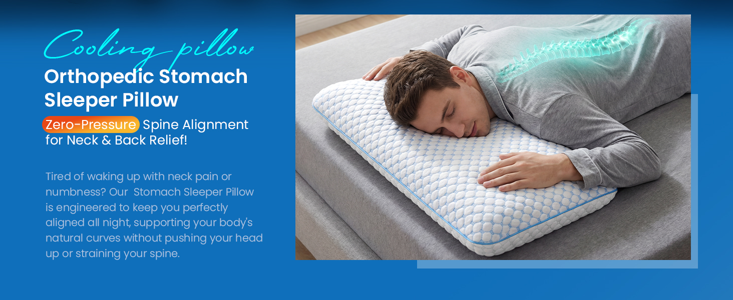 Ортопедична подушка з піною з пам'яті для тих, хто спить на животі та на спині, 40x60 см, 5.7 см, ультратонкий, синьо-білий, знімний чохол