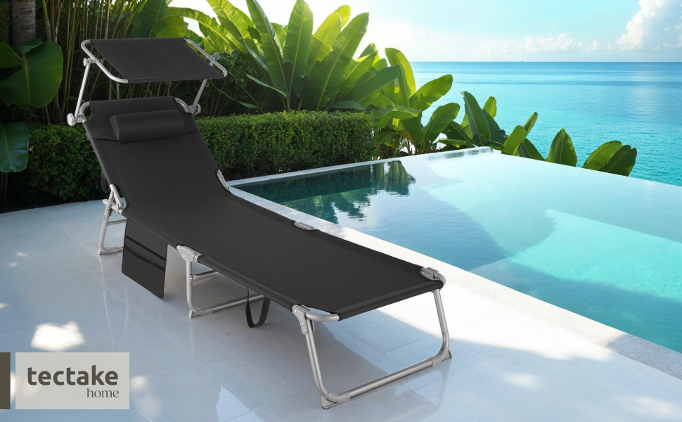 Лежак для відпочинку Tectake®: розкладний, портативний, з кишенею, для саду, пляжу, кемпінгу, з регульованою спинкою та подушкою (чорний)