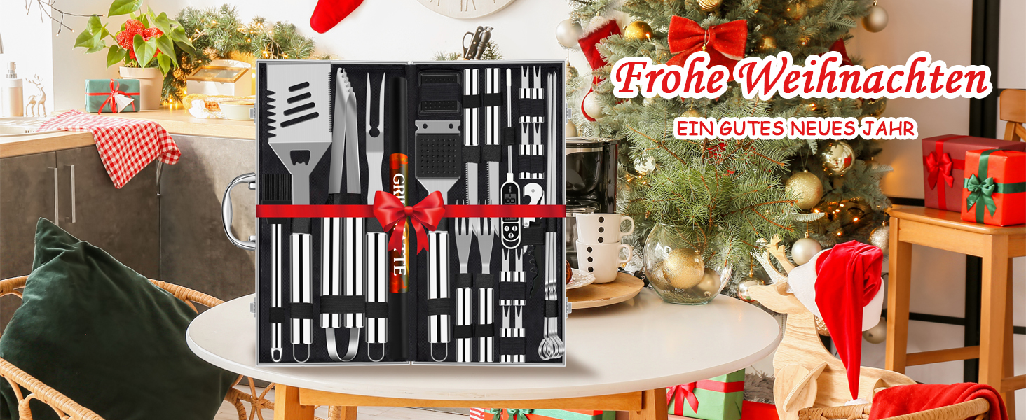 Набір аксесуарів для гриля з нержавіючої сталі 26 шт. Преміум-якість, BBQ-набір у кейсі з термометром (срібний)