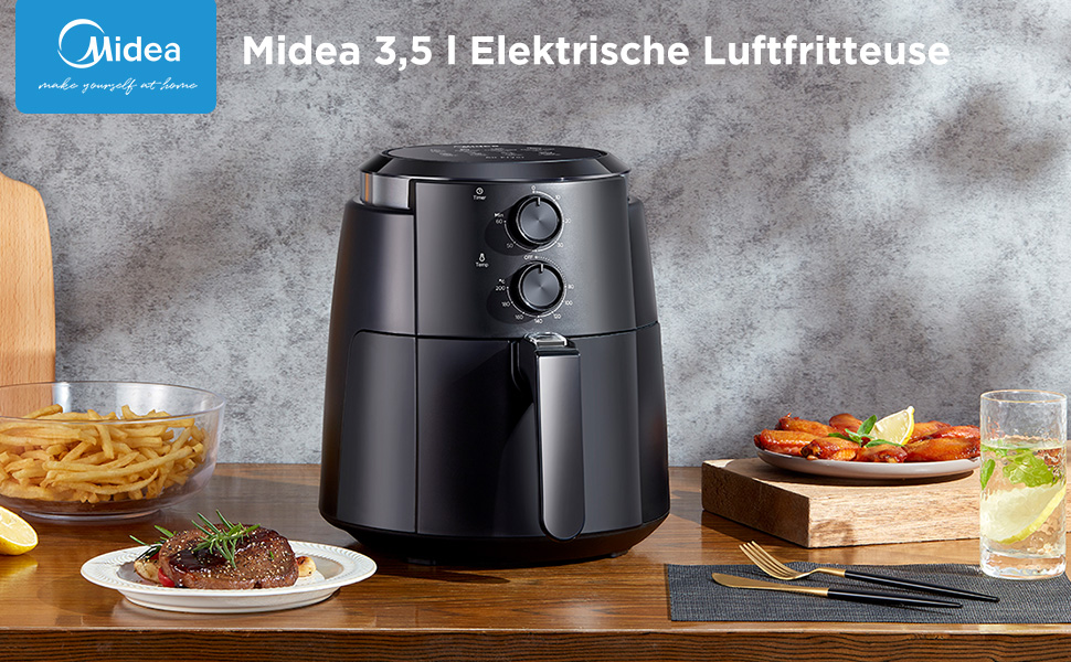 Фритюрниця Midea MF-CN40C2 4 л, безмасляна фритюрниця 1500 Вт, 8 попередньо запрограмованих режимів приготування, 35-200 C, випікання, смаження, гриль, розморожування, сигналізація струсу, таймер на 60 хвилин, 81 рецепт, можна мити в посудомийній машині