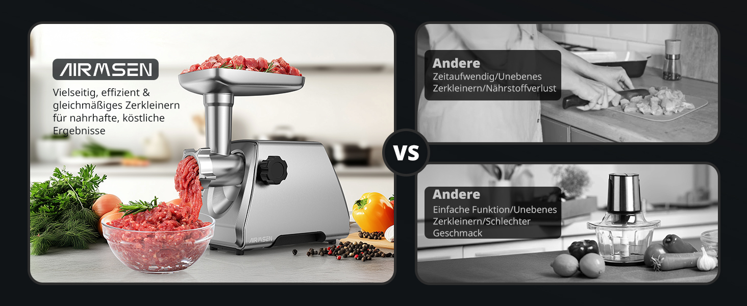 Електрична м'ясоподрібнювач AIRMSEN з насадкою для ковбас, 2 леза з нержавіючої сталі, 3 диски, аксесуар Куб, тихий промисловий двигун, для дому, нержавіюча сталь