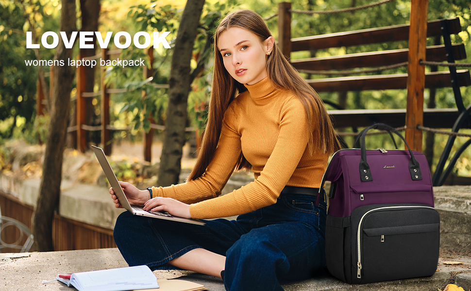 Жіночий рюкзак для ноутбука LOVEVOOK 15.6 дюймів, місткий шкільний рюкзак для підлітків, фіолетово-чорний