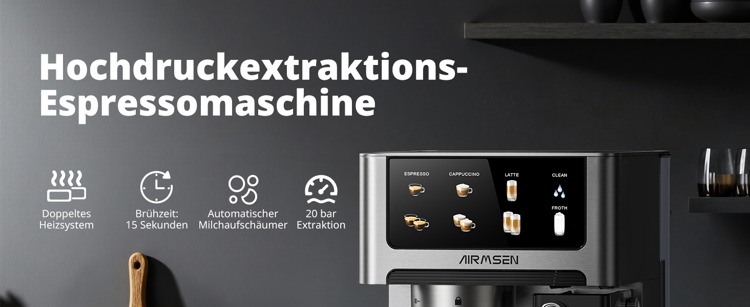 Еспресо-машина Siebträger з подвійним бойлером, 20 Bar, автоматичний спінювач молока, для капучино та лате, нержавіюча сталь, 1.8L бак, сенсорний екран