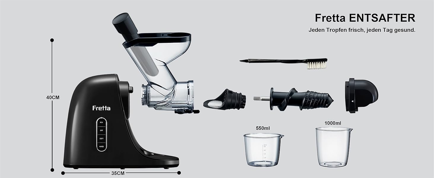 Електричний соковитискач Fretta Slow Juicer: холодний віджим, 76 мм, для овочів та фруктів, чорний