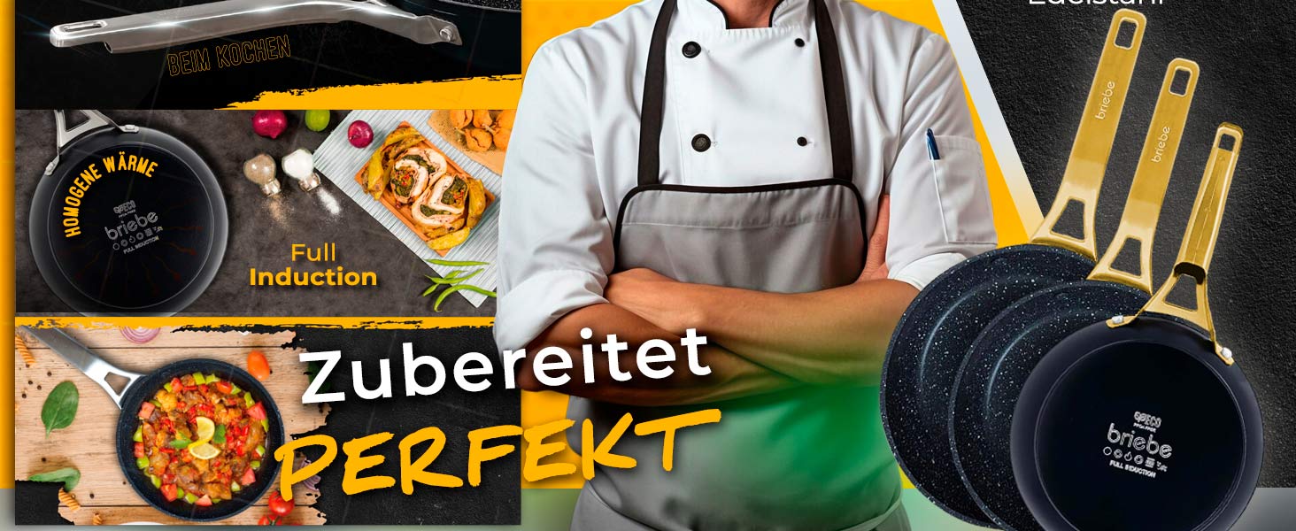 Набір сковорідок Briebe Gold Titanium 3 шт (20, 24, 28 см) з антипригарним покриттям для індукційних плит