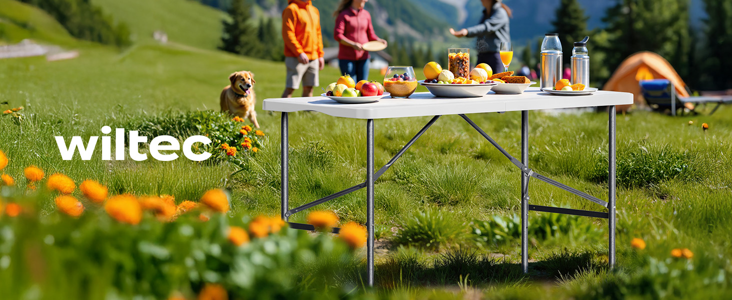Складаний кемпінговий стіл Wiltec 122x60x75 см, стіл для пікніка, саду та виїзних заходів з ручкою для перенесення