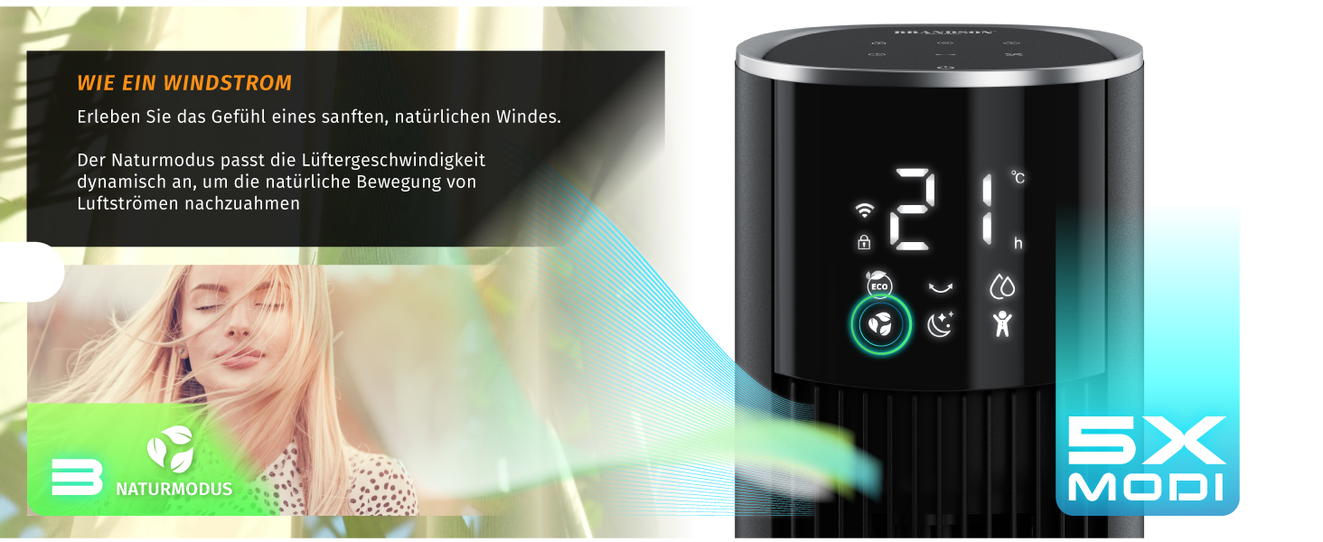 Повітряний охолоджувач Brandson ECO GREEN з водяним охолодженням, WiFi, Smart Home, управління голосом та сенсором. Мобільний кондиціонер-вентилятор з осциляцією