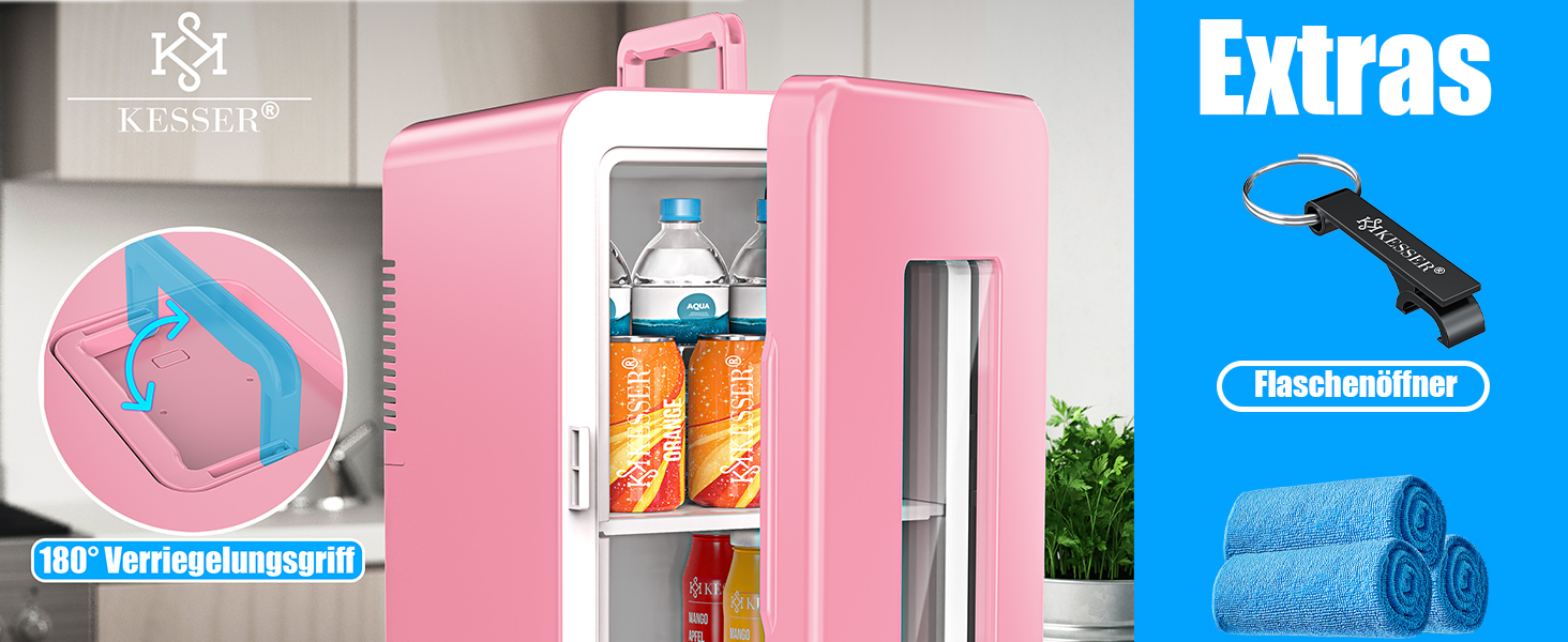 KESSER® Міні холодильник/термобокс 2в1, 15л, рожевий. Охолодження та підігрів, AC/DC, для авто, офісу, дому, кемпінгу.