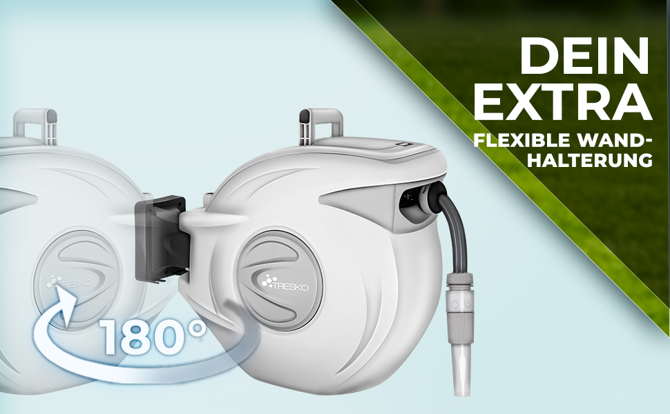 Трьохкамерний шланг TRESKO® з роликом для шланга, 30+2 м, з ручною лійкою, поворотний на 180°, для саду, автоматичний, з кріпленням для стіни та монтажним матеріалом