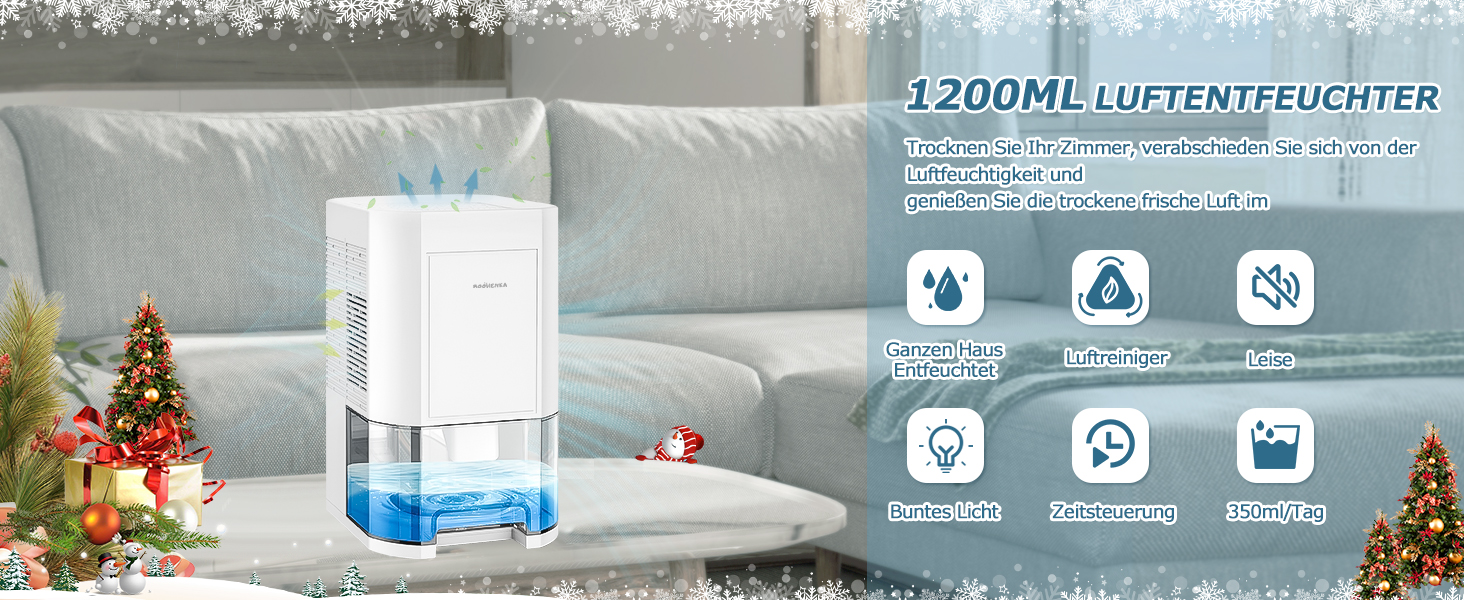 Електричний осушувач повітря 1200 мл для дому: тихий, компактний, з таймером та 7 кольорами підсвічування. Ідеально для підвалу та ванної кімнати. Автоматичне відтавання, режим ночі. Захист від вологи.
