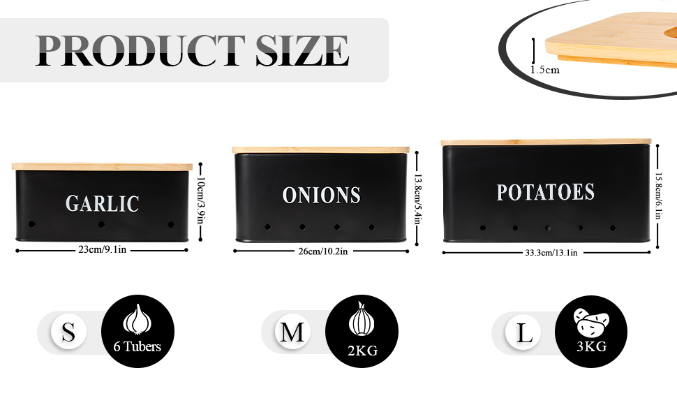 Набір контейнерів для зберігання картоплі, цибулі та часнику [3 шт] з бамбуковим кришками | З вентиляцією та захистом від світла | Чорний