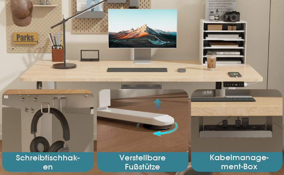 Регульований за висотою стіл Airfish з USB-портом, електричний, з органайзером для кабелів, комп'ютерний/офісний стіл, стоячий стіл з нагадуванням про сидячий режим, 160x80 см, Бежево-білий