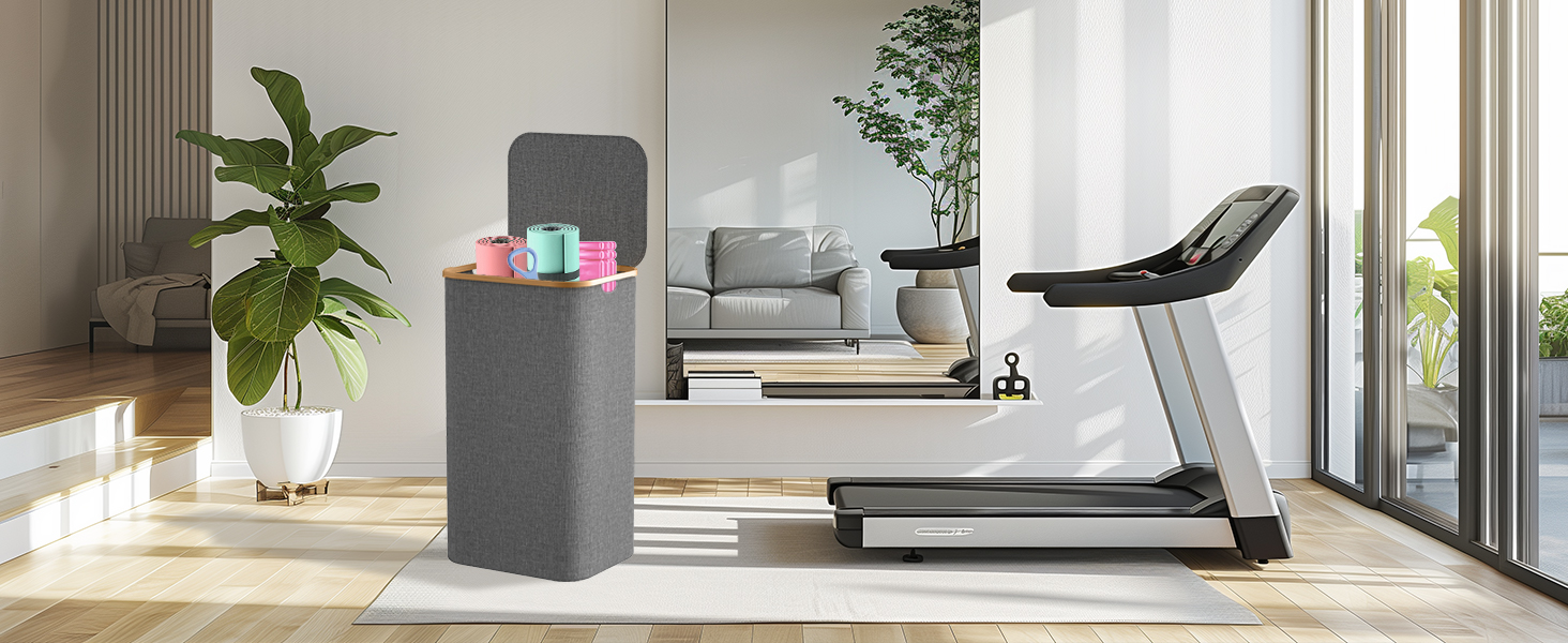 Кошик для білизни з кришкою 70л, вузький, з бамбуковими ручками та внутрішньою кишенею, складний, портативний, для пральні, йоги, темно-сірий 70л