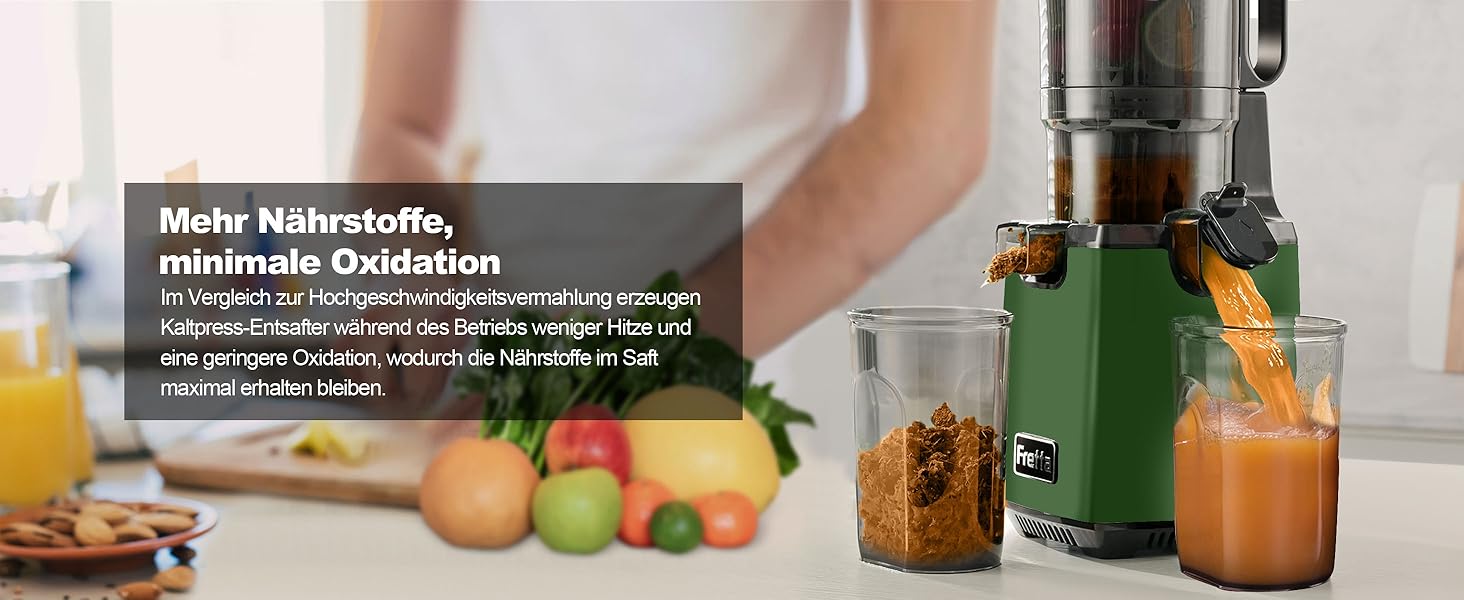 Фреш-прес Fretta Slow Juicer: Швидкий та зручний соковичавник з нержавіючої сталі для овочів та фруктів, 135 мм, 1.8 л, з функцією реверсу, 250W (Темно-зелений)