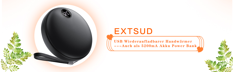 Електричний грієчка для рук EXTSUD: портативний, акумуляторний, USB Powerbank. Чудовий подарунок на зиму для чоловіків та жінок (чорний)