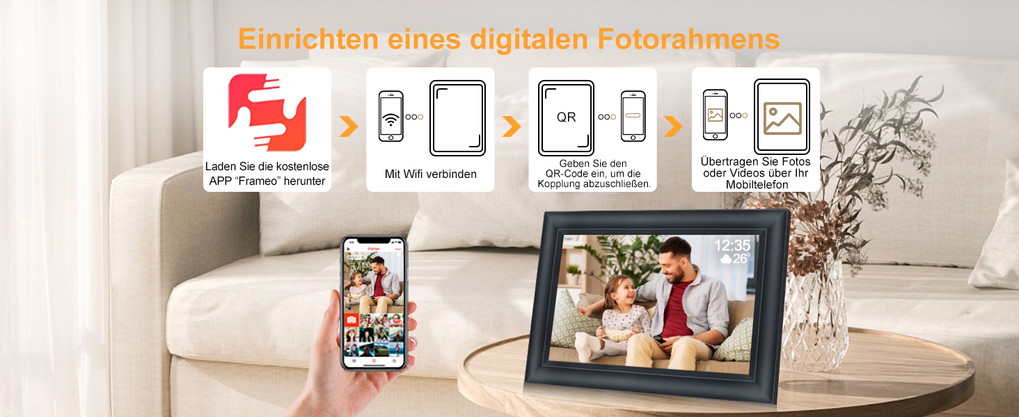 Цифровий фоторамка TSITSC 10.1 дюйма з Wi-Fi, IPS сенсорний екран, 32GB пам'яті, автоповорот, Frameo APP, чорний