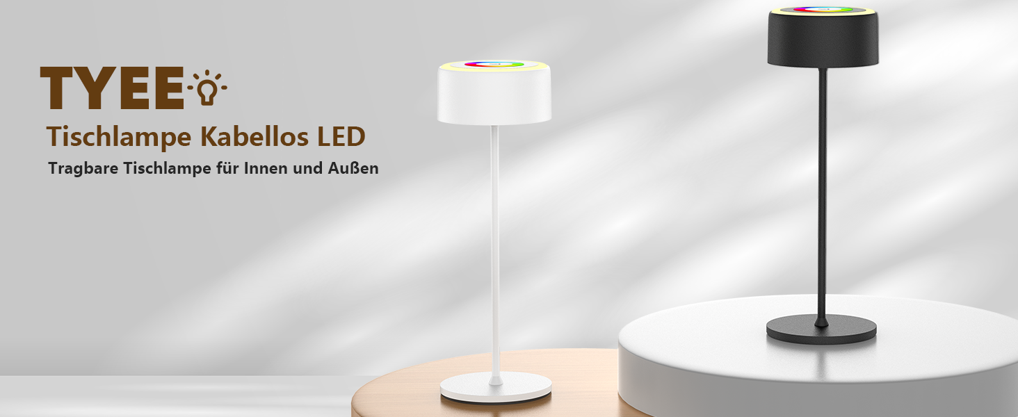 Бездротова LED-лампа TYEE з регулюванням яскравості, акумуляторна, 3000-6000K+RGB, USB-C, водонепроникна IP54, для дому та вулиці, алюміній, чорна