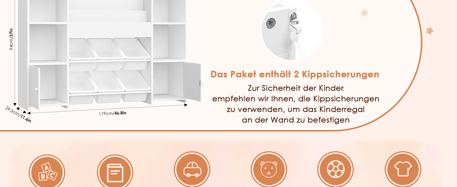 FOREHILL Дитяча полиця-стеллаж для іграшок та книг з 6 ящиками, 119 x 29,5 x 94 см, білий