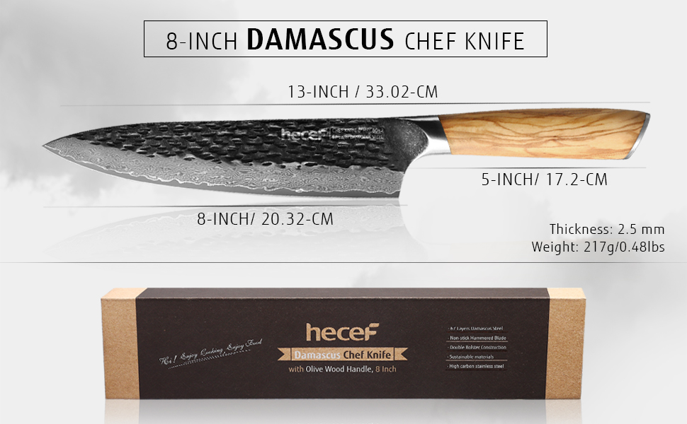 Ніж кухарський Damast 20 см Hecef, професійний ніж шеф-кухаря, японський ніж з 67 шарів дамаської сталі, гостре м'ясне лезо з ручкою з оливкового дерева