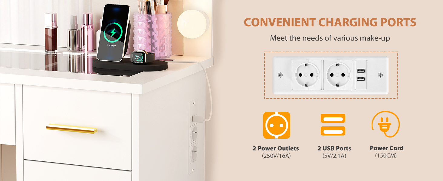 Великий туалетний столик ANWBROAD з регульованою LED-підсвіткою 3 кольорів та розеткою. Сучасний туалетний столик з дзеркалом, 7 ящиків, білий, 140x110x40 см. Модель BDT83W