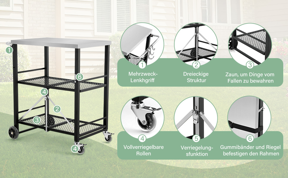 Гриль-візок LUE BONA: складаний, з 2 полицями, з нержавіючої сталі, чорний. Для дачі, кемпінгу, відпочинку на природі.