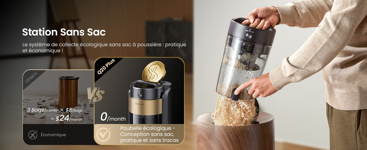 Робот-пилосос Proscenic Q20Plus з функцією миття, 10000Pa, 200хв, бездротовий, самостійна очистка, 3-в-1 для тварин, килимів, твердих поверхонь, чорний