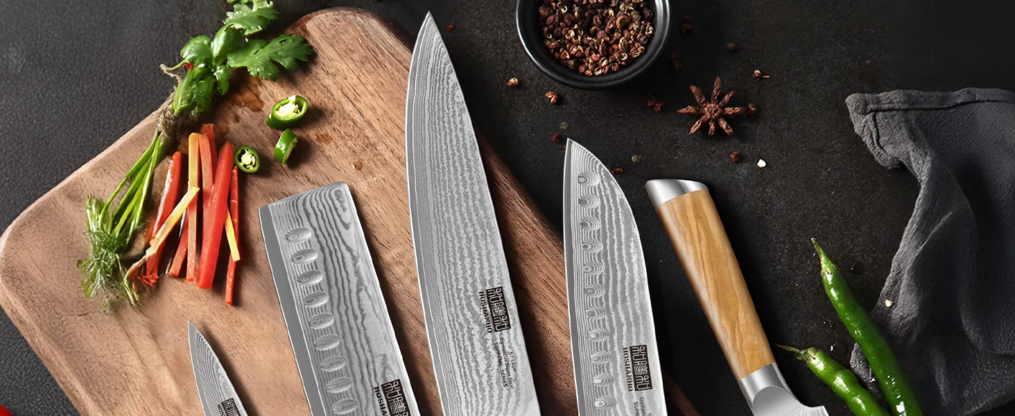 Японський ніж HOSHANHO з дамаської сталі 20 см, 67 шарів, кухонний ніж для приготування їжі, гострий, з ергономічною ручкою оливкового кольору (9.5 см), ніж для очищення