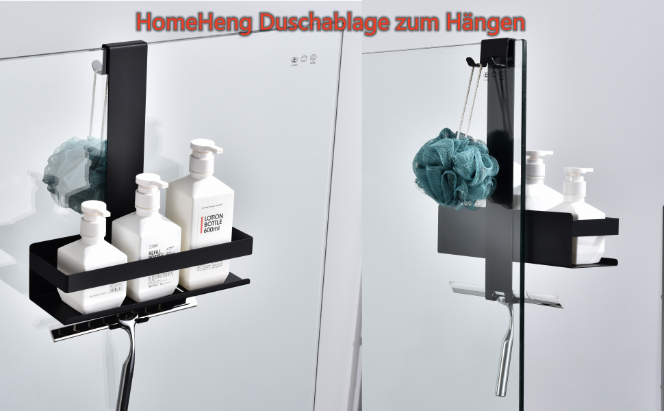 Підвісна поличка для душу з нержавіючої сталі, чорна матова, з гачками для скляних душових кабін, H30BN-1DH (1 відділення)