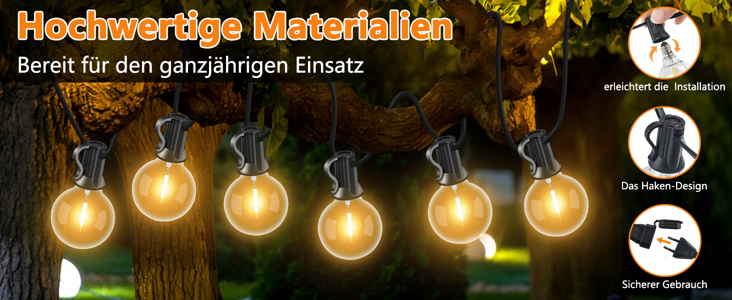Світлодіодні ліхтарі на вулиці 10 м, 181 лампи G40, водонепроникні IP44, теплий білий для саду/балкона/кемпінгу