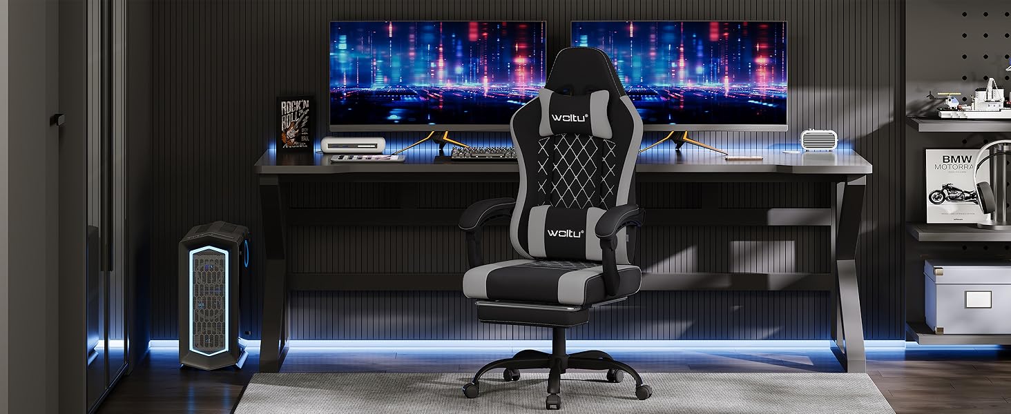 Ігровий крісло WOLTU з масажем, комп'ютерне ергономічне крісло, кишенькові пружинні подушки, поперекова масаж, підголовник, підніжка, поворотне крісло, 150 кг, Рожевий+Білий (Чорний+сірий, сітчаста тканина)