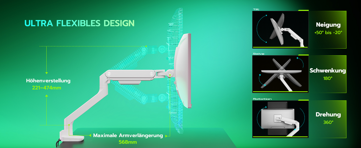 Кріплення для монітора ARES WING з USB A/C, кріплення для монітора 17-49 дюймів, підставка для монітора з газовою пружиною, VESA 75/100 мм, білий