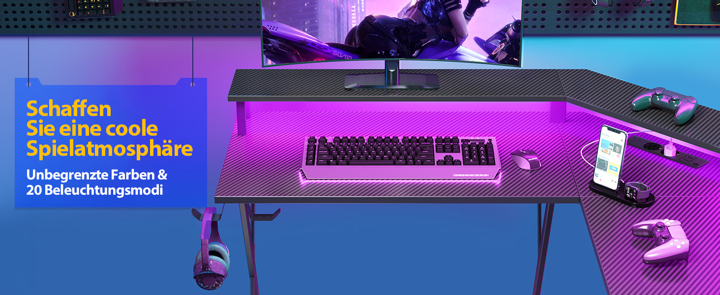 Ігровий стіл SEVEN WARRIOR з LED-підсвічуванням, розетками, моніторний стійка, 2 гачки, L-подібний, 147 см